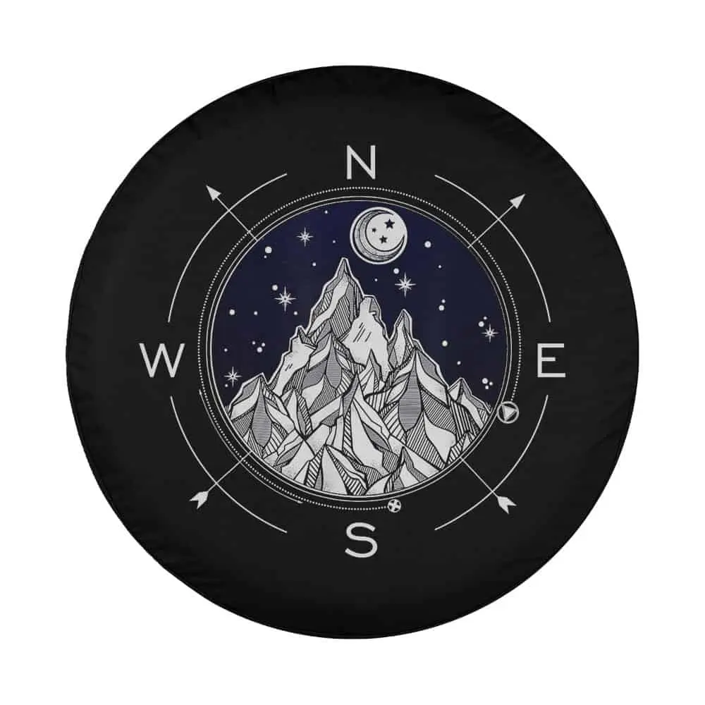 Boho mountain compass and celestial night sky design for spare tire cover