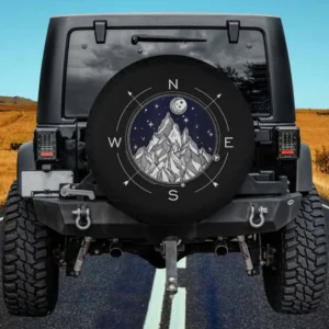 Boho mountain compass night sky spare tire cover with celestial art for Jeep and RV