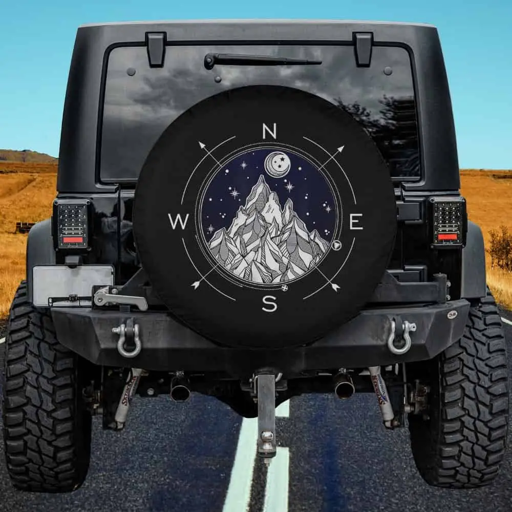Boho mountain compass night sky spare tire cover with celestial art for Jeep and RV