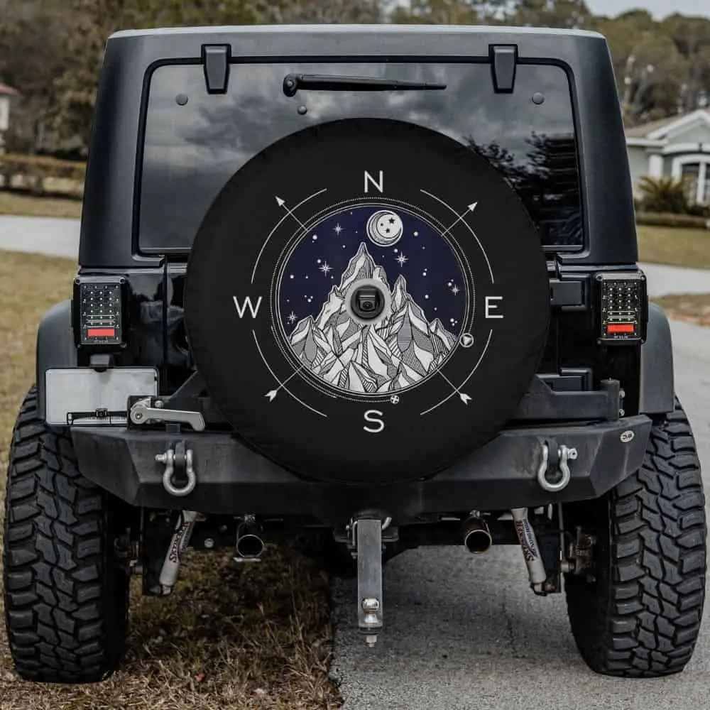 Boho mountain compass night sky spare tire cover with backup camera hole for campers