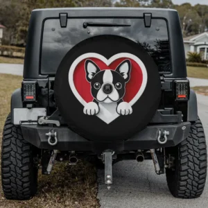 Boston Terrier heart cartoon dog spare tire cover with camera hole option