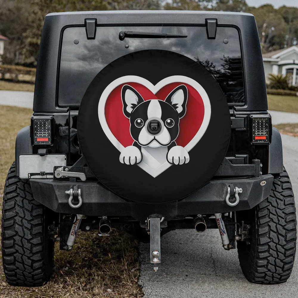 Boston Terrier heart cartoon dog spare tire cover with camera hole option