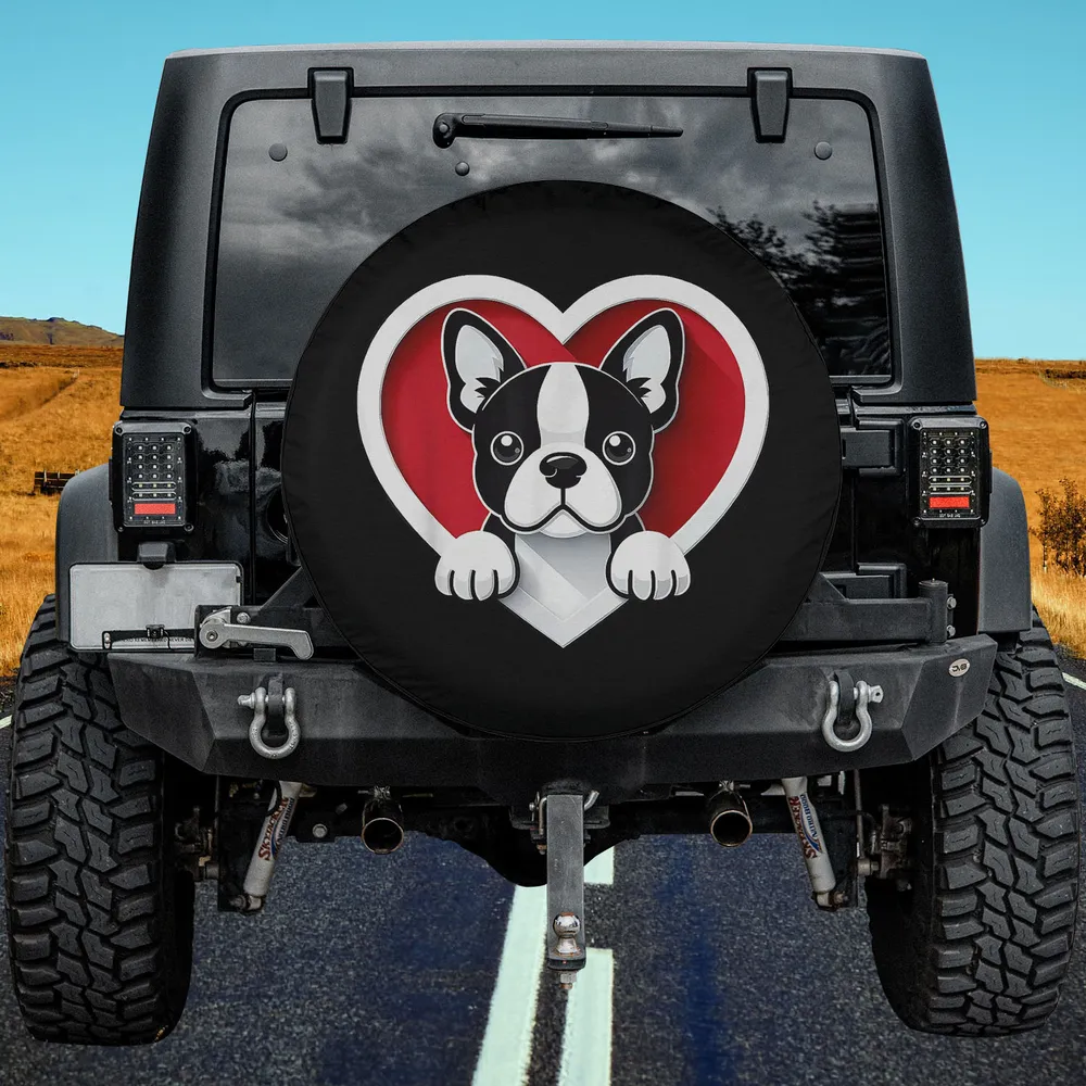 Boston Terrier cartoon with heart dog spare tire cover for Jeep and SUV