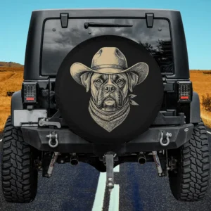 Vintage boxer dog in cowboy hat and bandana retro western spare tire cover no camera hole
