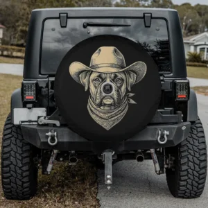 Vintage boxer dog cowboy hat bandana retro western spare tire cover with backup camera hole