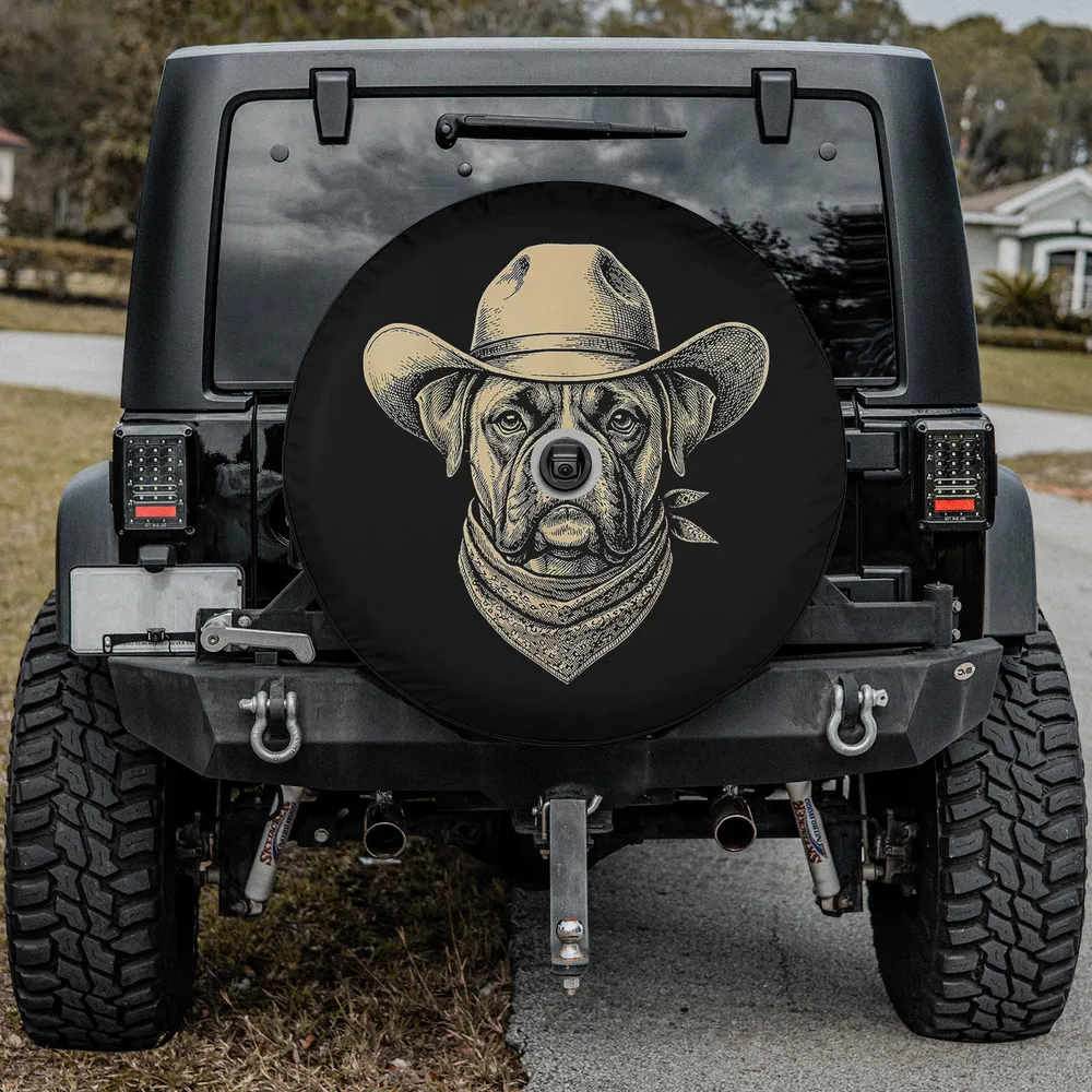 Vintage boxer dog cowboy hat bandana retro western spare tire cover with backup camera hole