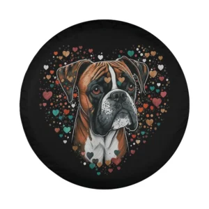 boxer dog surrounded by colorful heart cluster on black spare tire cover
