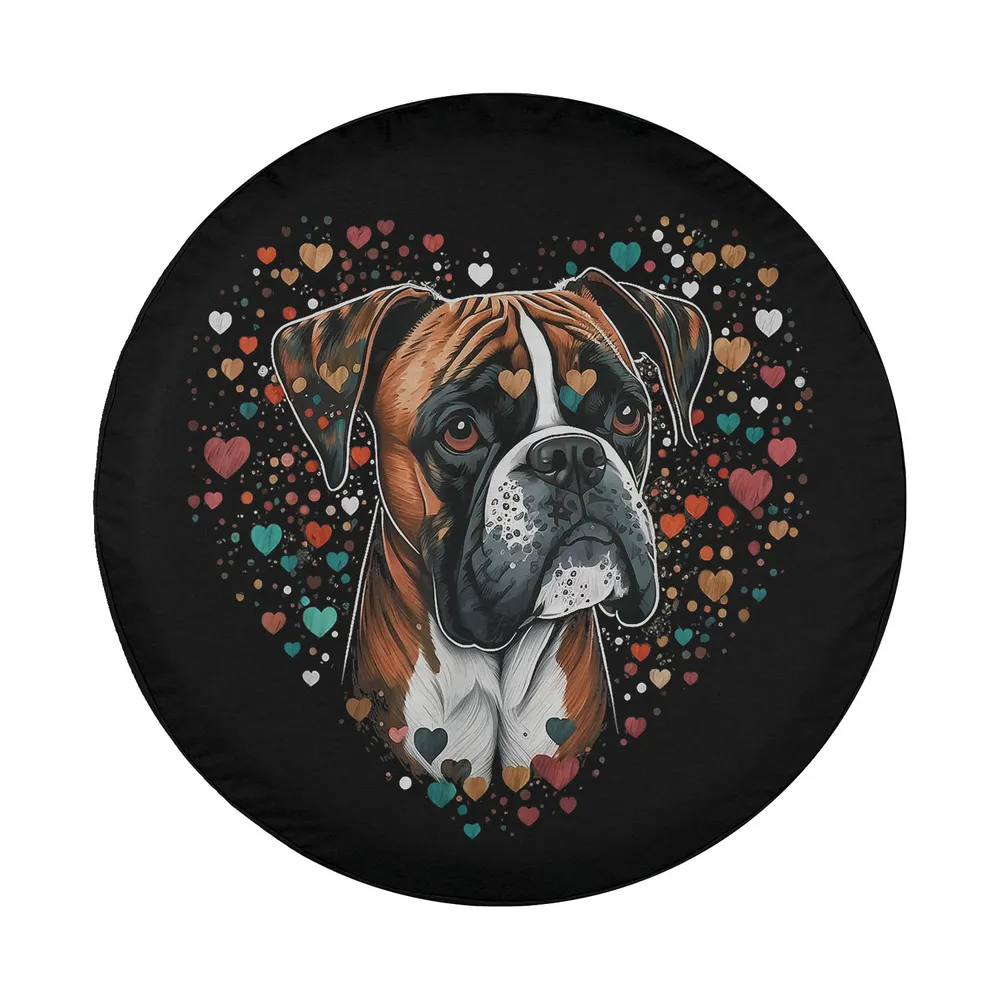 boxer dog surrounded by colorful heart cluster on black spare tire cover