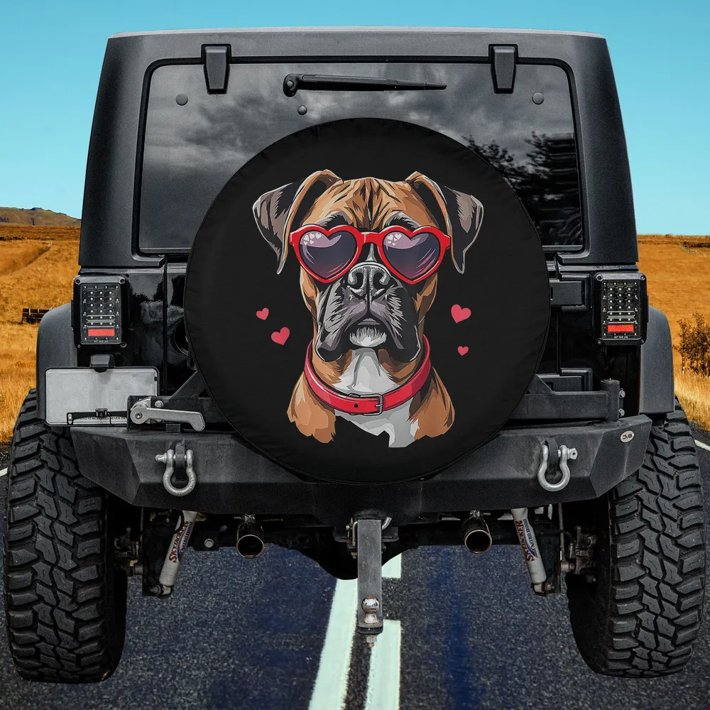 Boxer dog with heart glasses and hearts Valentine's Day spare tire cover no camera hole