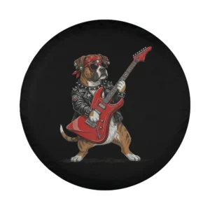 Boxer dog rockstar with red electric guitar and sunglasses design only