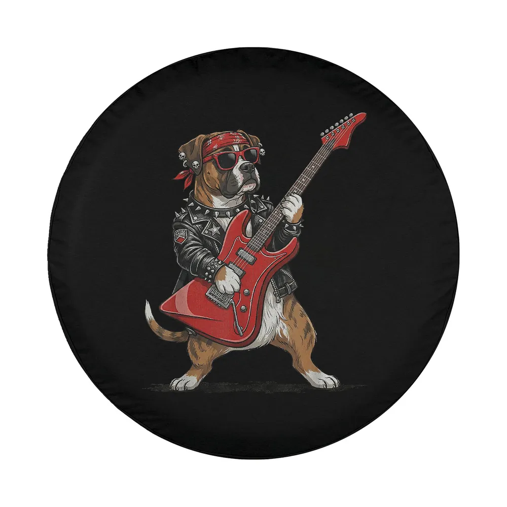 Boxer dog rockstar with red electric guitar and sunglasses design only