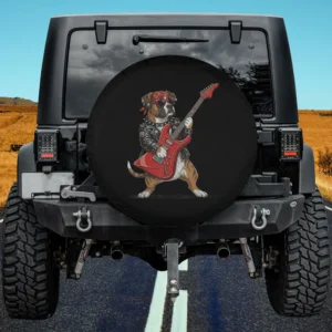 Boxer dog in leather jacket playing red electric guitar rockstar spare tire cover no camera hole