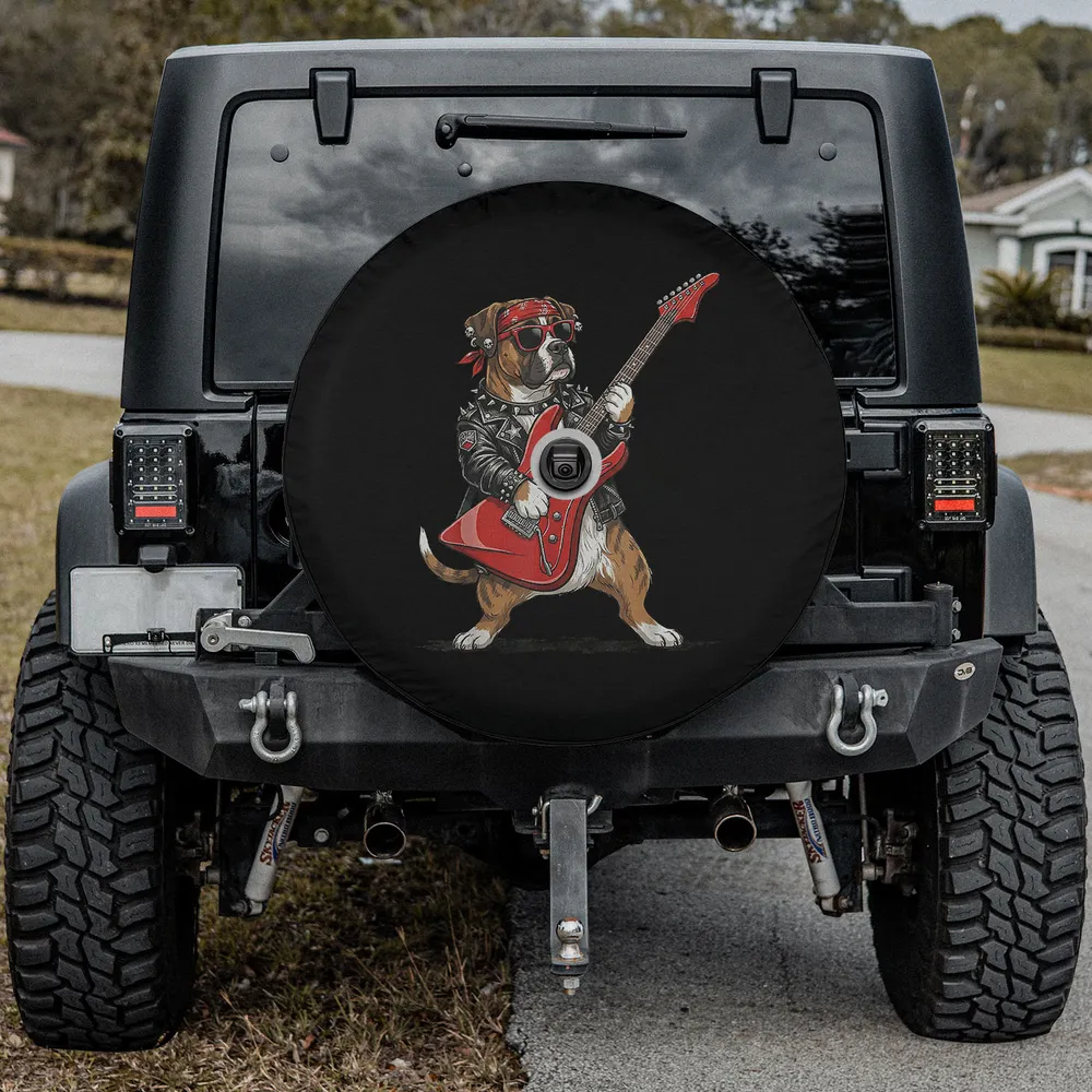 Boxer dog red electric guitar rockstar spare tire cover with backup camera hole