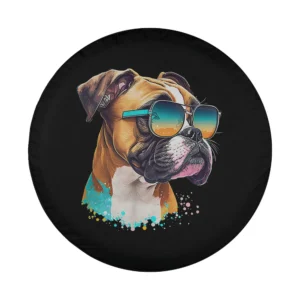 boxer dog with sunglasses and splash art design for spare tire cover