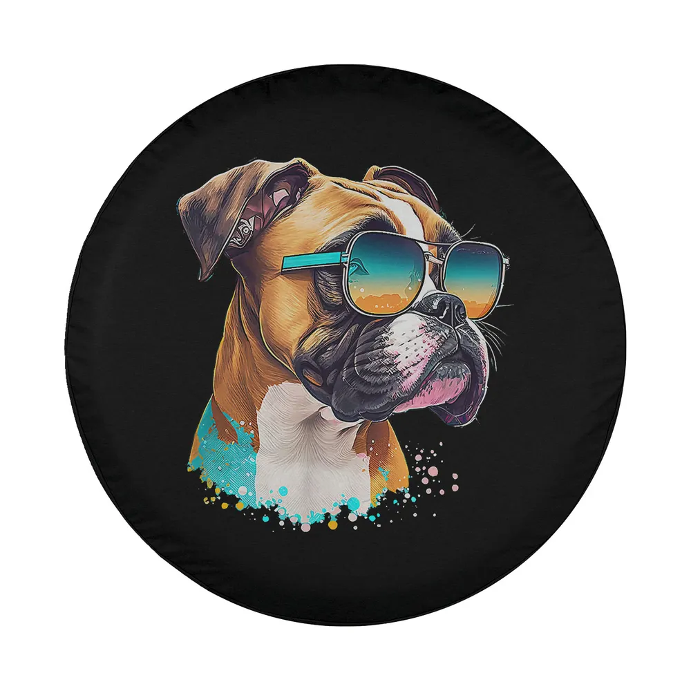 boxer dog with sunglasses and splash art design for spare tire cover