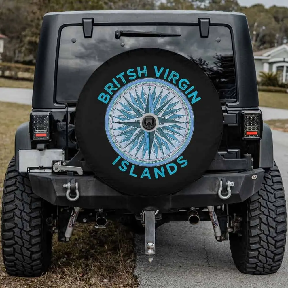 Vintage compass rose British Virgin Islands spare tire cover with camera hole for Jeep Gladiator