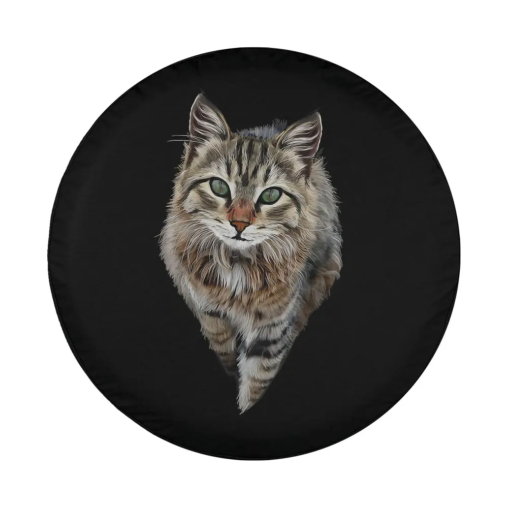 Realistic brown tabby cat with green eyes on black spare tire cover design