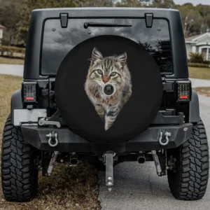 Brown tabby green eyes cat spare tire cover with backup camera hole for SUV