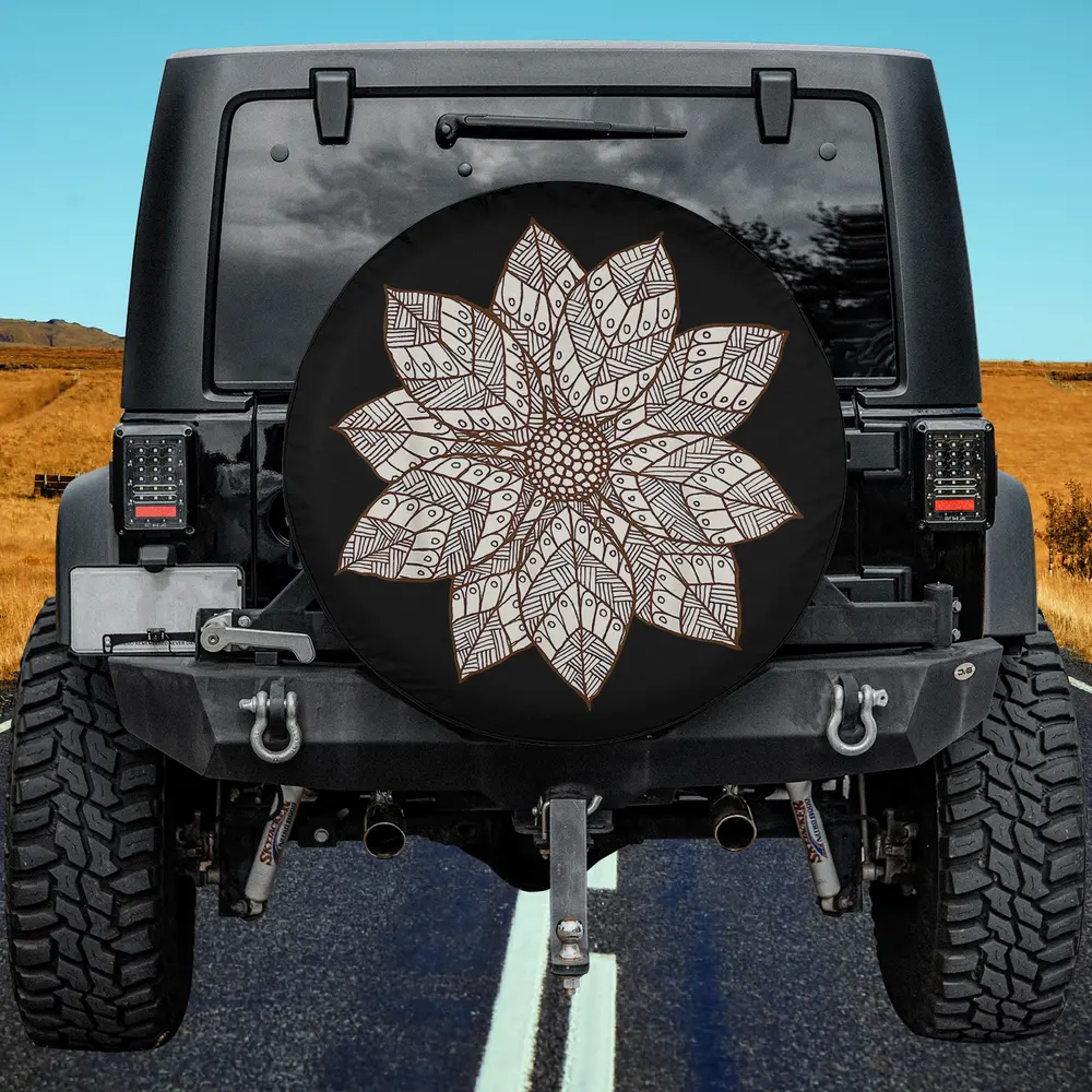 Brown and white mandala flower sacred geometry spare tire cover no camera hole for Jeep Gladiator