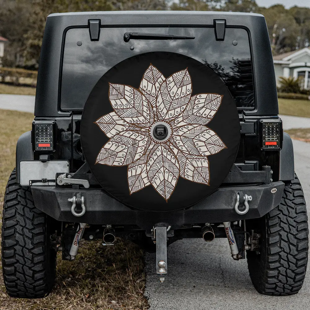 Brown and white mandala flower sacred geometry spare tire cover with camera hole for Jeep Gladiator