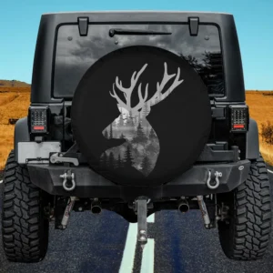 buck deer silhouette pine forest wildlife spare tire cover with no camera hole for Ford Bronco Sport