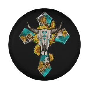 Bull skull with turquoise crossbar and sunflower design for Halloween spare tire cover