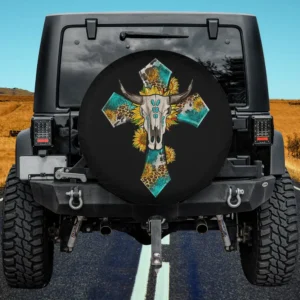 Western bull skull and sunflower crossbar spare tire cover with no camera hole for Jeep, SUV, or RV