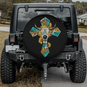 Western bull skull sunflower crossbar spare tire cover with backup camera hole for Jeep or SUV