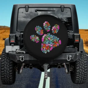 Butterfly floral dog paw print spare tire cover on Jeep for dog lovers