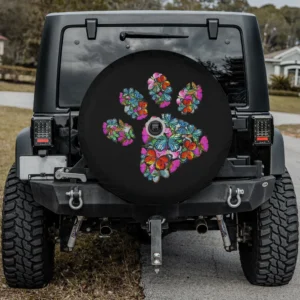 Butterfly floral dog paw print spare tire cover with camera hole for SUV or RV