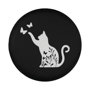 Minimalist cat with wildflowers and butterflies spare tire cover design only