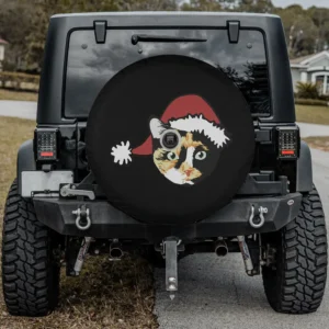 Calico cat Santa hat Christmas spare tire cover with backup camera hole for Jeep or RV