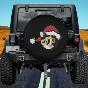 Calico cat in Santa hat Christmas spare tire cover for Jeep or SUV with no camera hole