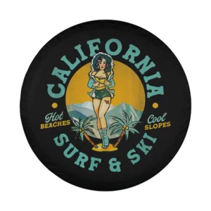 California Surf & Ski retro pinup palm mountain tire cover design art