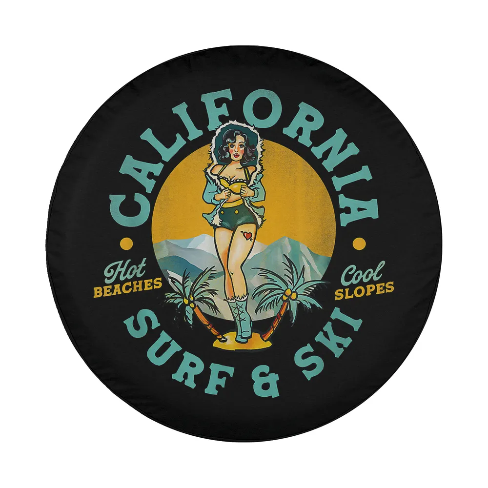 California Surf & Ski retro pinup palm mountain tire cover design art