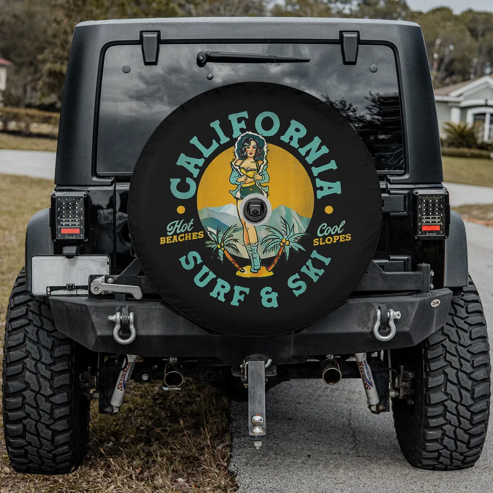 California Surf & Ski pinup palm mountain spare tire cover with camera hole for Jeep Gladiator