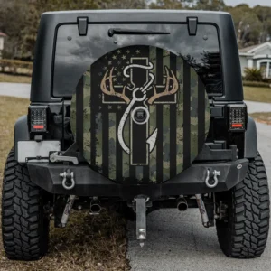 Camo American flag deer antler fish hook Christian spare tire cover with camera hole for Jeep RV SUV