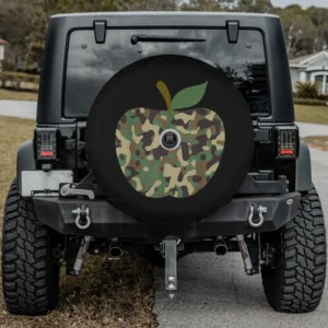 Camo apple first day of school teaching spare tire cover with camera hole for Jeep Cherokee