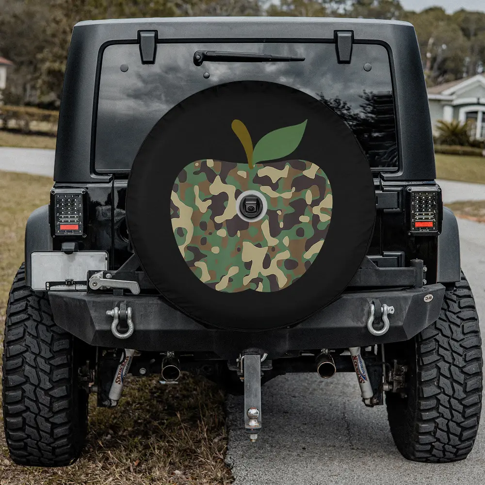 Camo apple first day of school teaching spare tire cover with camera hole for Jeep Cherokee