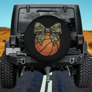 Camo bow basketball coquette basketball mom spare tire cover on Jeep Cherokee, no camera hole