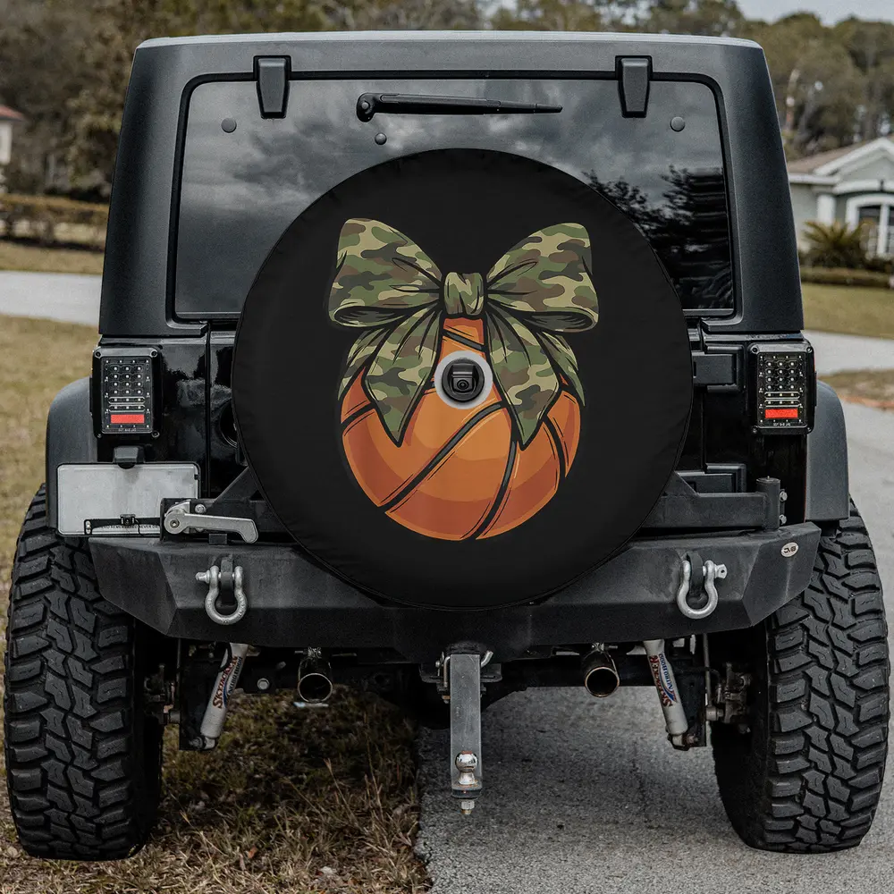 Camo bow basketball coquette basketball mom spare tire cover with backup camera hole for Jeep Cherokee