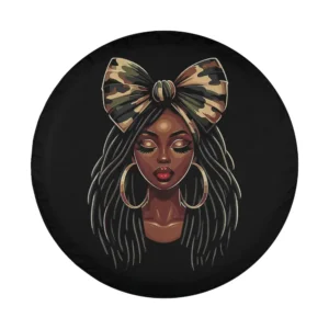 Camo bow afro black girl illustrated design for Jeep spare tire cover