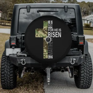 camo cross he is risen bible verse spare tire cover for RV with backup camera hole