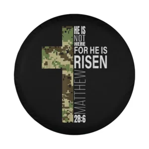 camo cross he is risen bible verse spare tire cover design closeup