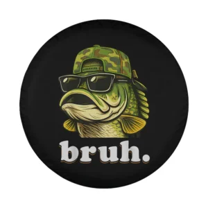 Bass fish wearing camo hat sunglasses bruh text funny design spare tire cover
