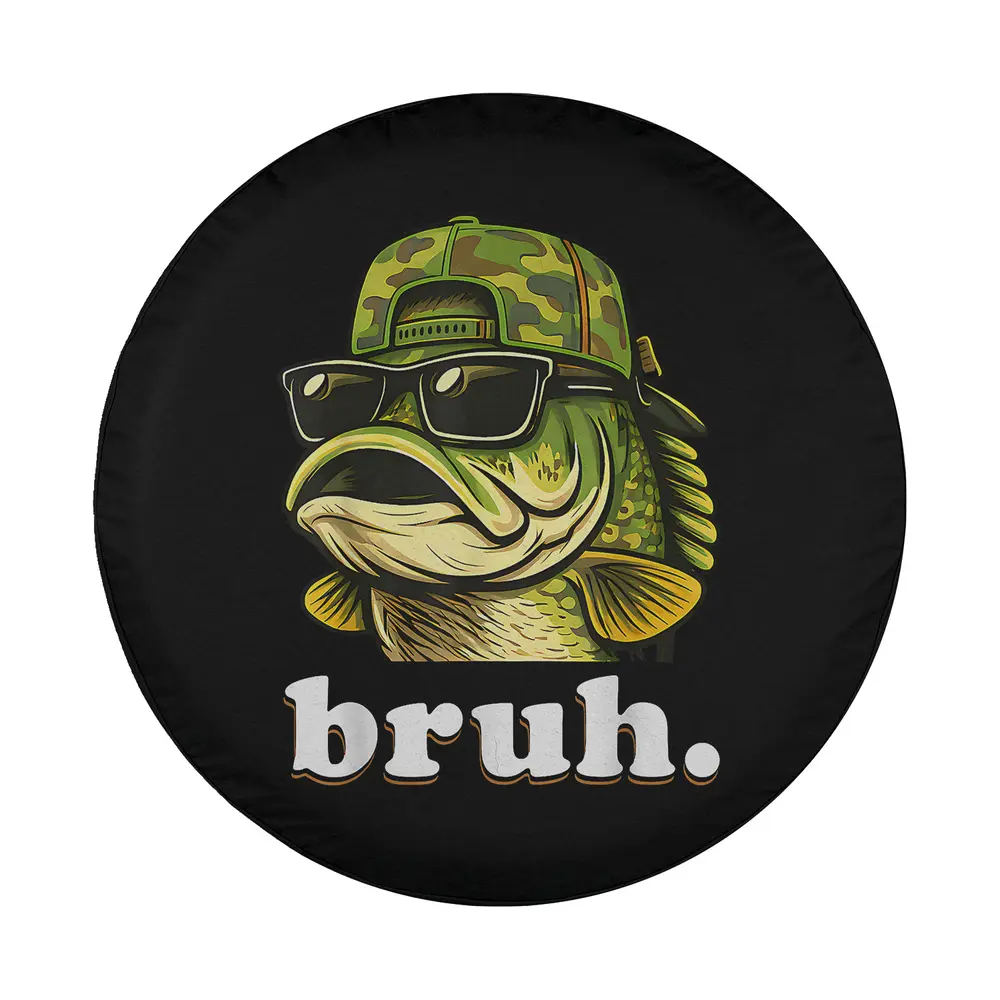 Bass fish wearing camo hat sunglasses bruh text funny design spare tire cover