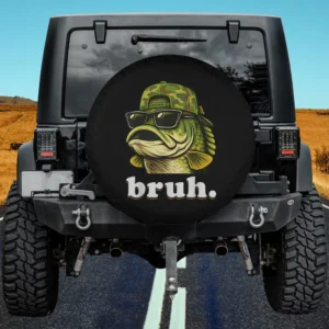 Cartoon bass fish with camo hat and sunglasses bruh funny spare tire cover no camera hole