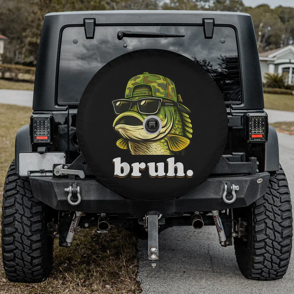 Camo hat sunglasses bass fish bruh funny spare tire cover with backup camera hole