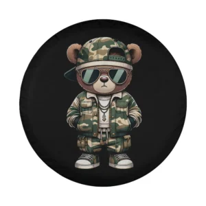 cartoon teddy bear in camo streetwear and gold chains on spare tire cover design