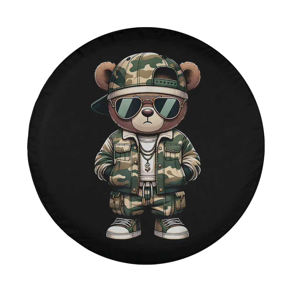 cartoon teddy bear in camo streetwear and gold chains on spare tire cover design